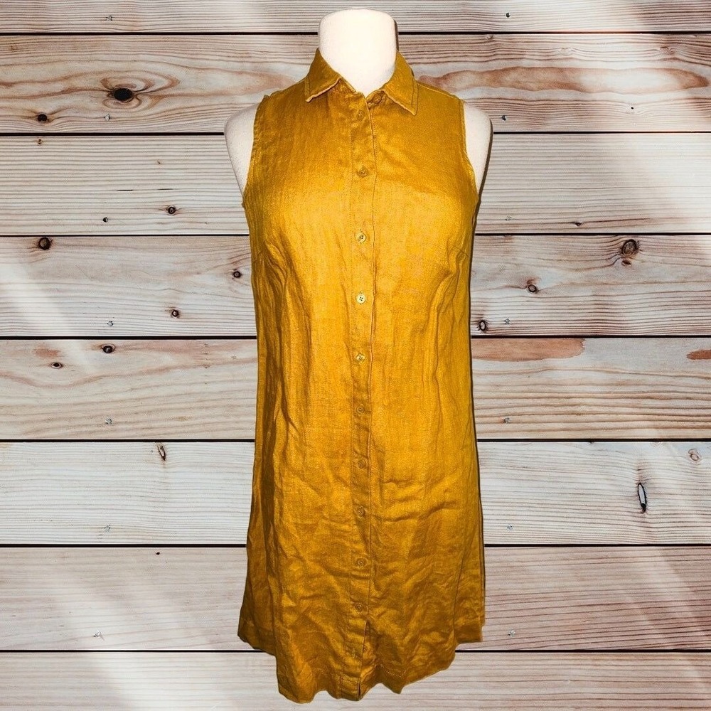 K1 Garnet Hill women's linen dress Size 2 Gold Gustard color button Beach Summer